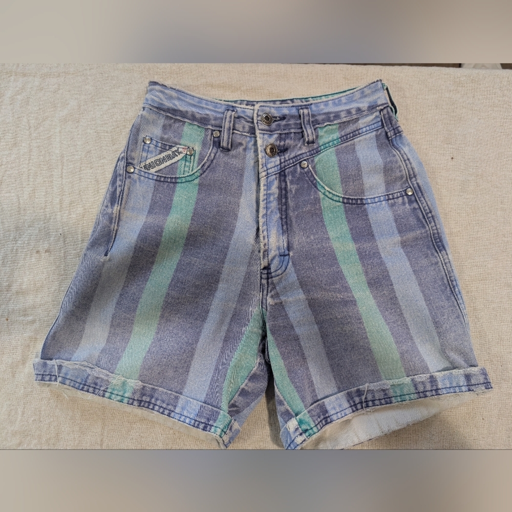 UNIONBAY Striped High-Waist Denim Shorts in Blue and Teal